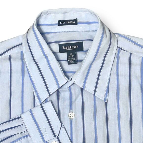 Van Heusen M 15-15.5 Blue Brown Striped Button Up Shirt No Iron Work Preppy - Picture 1 of 8